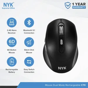 NYK C70 Black Silent Click Bluetooth Wireless Rechargeable mouse di itmallonline semarang